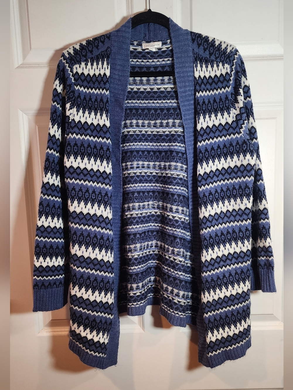 Croft & Barrow Blue and White Patterned Open-Front Sweater Cardigan Acrylic L